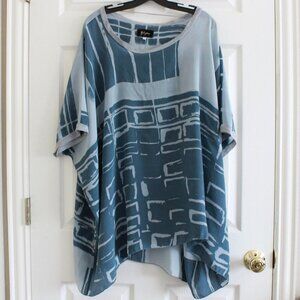 Johnny Was Biya Silk Abstract Print Blue Asymmetrical Hem Blouse Oversized